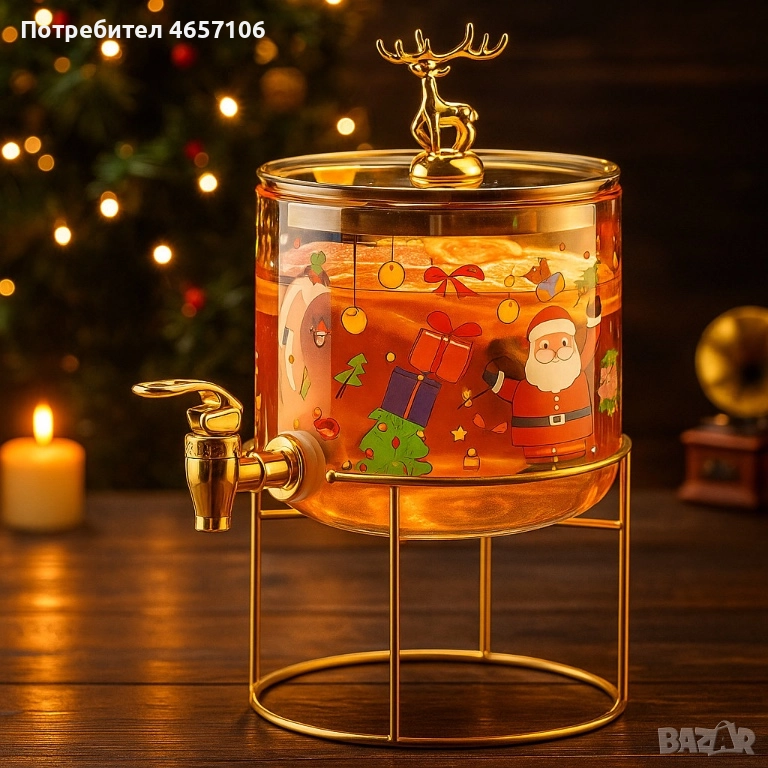 Стъклен диспенсър за напитки 2.6 L с коледен дизайн и златиста стойка, снимка 1