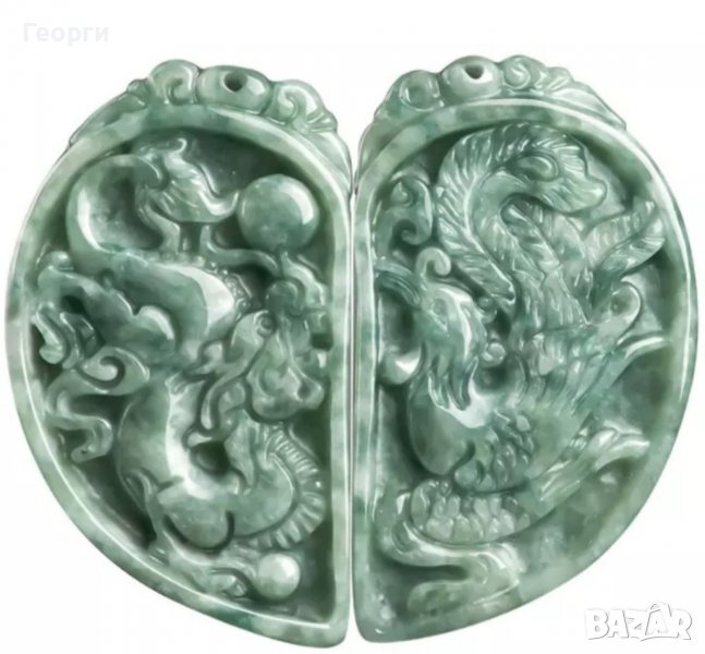 100% чист естествен Жадейт ръчно издълбан Дракон и Феникс, снимка 1