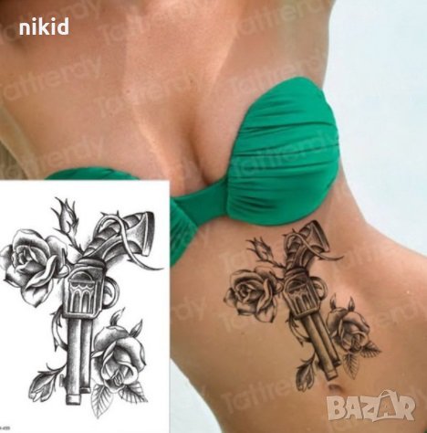 Пистолет с рози Временни татоси tattoo татуйровка временна татуировка татос татус Tattoo, снимка 1