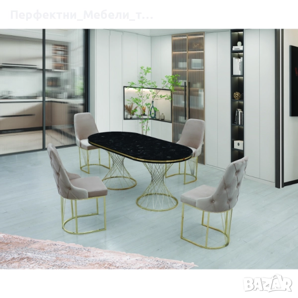 Луксозен комплект за трапезария със златна основа-маса 180/90см. и 4 стола, снимка 1