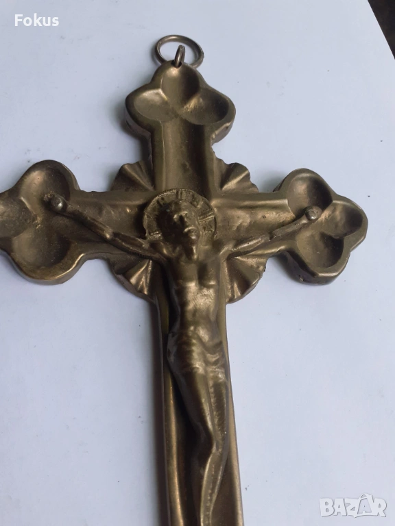 Стар голям бронзов кръст разпятие религия, снимка 1