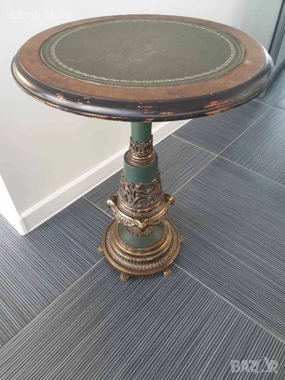 67см френска конзолна маса/дърво-бронз-месинг-кожа/масичка-пиедестал-поставка, снимка 1