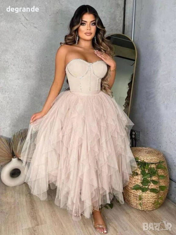 Официална бежова рокля с перли и тюл, снимка 1