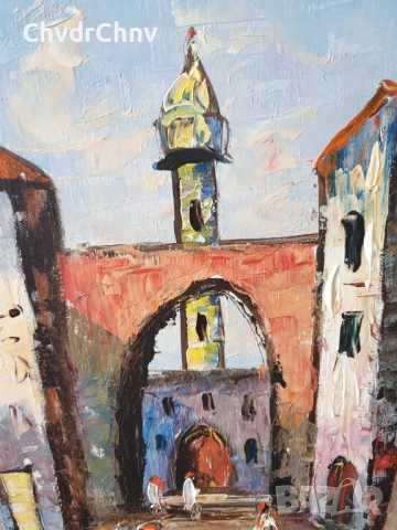 65х57см/стара картина масло върху платно/градски пейзаж-джамия/Мароко-Африка/дървена рамка, снимка 3 - Картини - 51454372