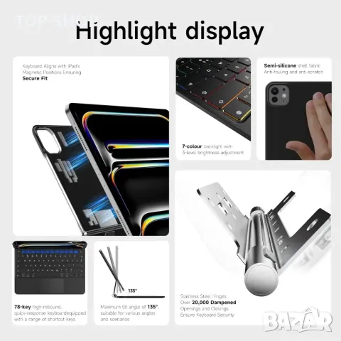 Калъф с клавиатура HOUCC за iPad Pro 2024 13 инча M4, тракпад, 7-цветна подсветка, черен, снимка 4 - Калъфи, кейсове - 49819933