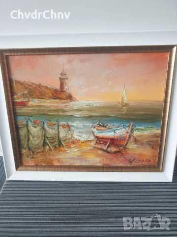 Димитър Генев 33x27см/малка българска картина масло върху платно/морски пейзаж/рибарски лодки-фар