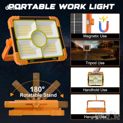 MUEZDUR 100W преносима работна светлина, 466 LED 10000 LM, 5 режима, USB и соларно захранване, снимка 2 - Прожектори - 47967848