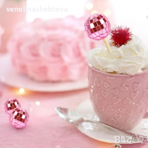 Светло розови огледални диско топки топчета на клечка за декорация на торта мъфини , снимка 2 - Други - 52909142