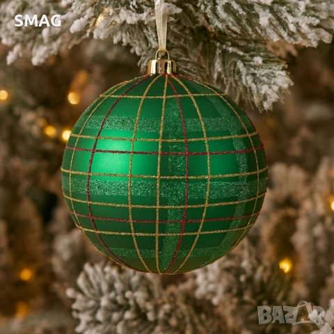 Коледна топка за елха зелено каре брокат 12 см_1254074, снимка 2 - Други - 52354609