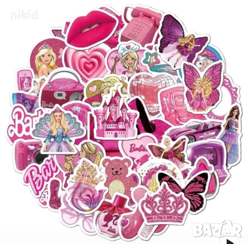 50 бр Барби Barbie  самозалепващи лепенки стикери за украса декор картонена торта ръчна изработка, снимка 7 - Други - 44376211