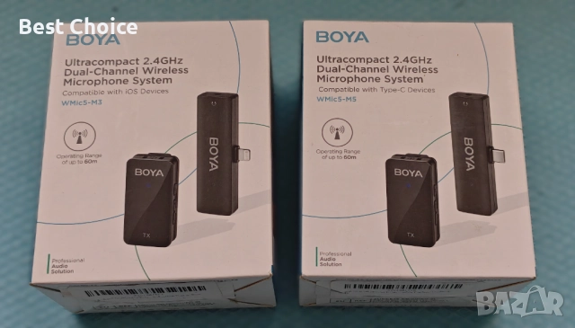 Ултракомпактни 2.4GHz двуканални безжични микрофонни BOYA WMic5, снимка 4 - Слушалки, hands-free - 52814738