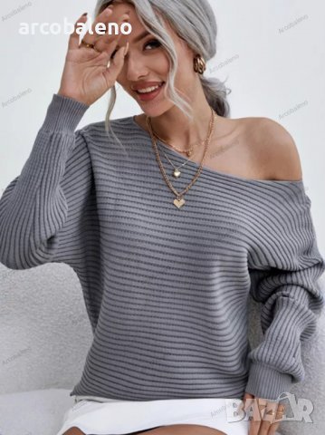 Дамски моден едноцветен секси свободен пуловер с дълъг ръкав и кухи външни рамена - 023, снимка 2 - Блузи с дълъг ръкав и пуловери - 39079012
