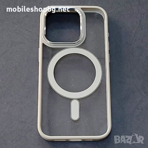 калъф за iPhone 15 Pro прозрачен твърд с сива силиконова рамка MagSafe