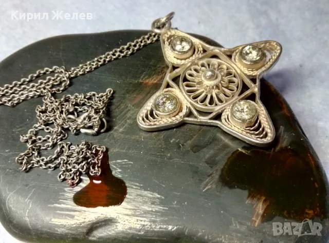 СТАР ФИЛИГРАНЕН ПОСРЕБРЕН МЕДЕН МЕДАЛЬОН с АКВАМАРИН и СРЕБЪРНА ВЕРИЖКА с НУЖДА от ЛЕК РЕМОНТ 44833, снимка 4 - Антикварни и старинни предмети - 49351757