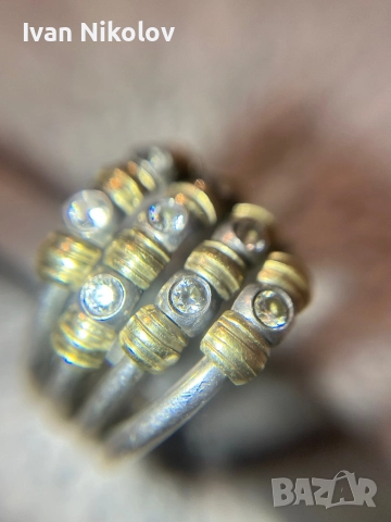 Дамски сребърен пръстен със златни елементи 750 проба, снимка 7 - Пръстени - 52931860