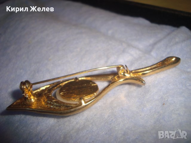 КРАСИВА ЕЛЕГАНТНА ЛИСТОВИДНА АРТ ДЕКО ПОЗЛАТЕНА ПЕРЛЕНА ВИНТИДЖ БРОШКА с ЦИРКОНИ 21647, снимка 8 - Други - 37395574