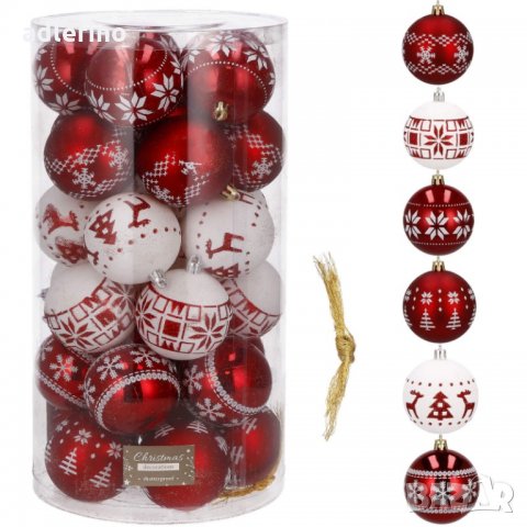 Топка за елха, Коледна декорация, пластмаса, 30 броя, 5 см, червено-бяло, зимни мотиви, снимка 11 - Декорация за дома - 34463692