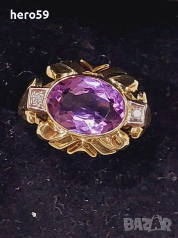 Златен пръстен с аметист и два брилянта-злато 14к., снимка 3 - Пръстени - 43553709
