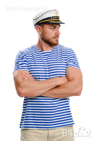 Нов мъжки моряшки комплект: моряшка класическа тениска без бие и капитанска шапка, снимка 3 - Тениски - 37662389