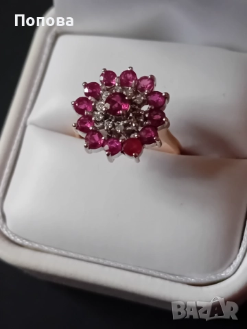 Винтидж златен пръстен с диаманти и рубини ръчна изработка , снимка 6 - Пръстени - 52490240