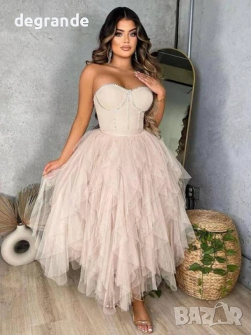 Официална бежова рокля с перли и тюл