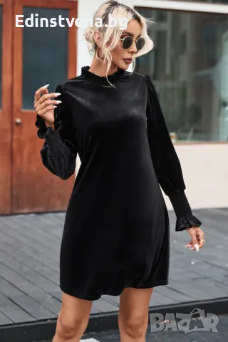 Дамска къса рокля кадифе с дълъг ръкав в черно, снимка 4 - Рокли - 47891860