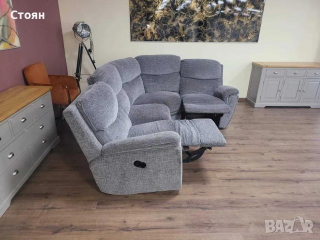 Сив ъглов диван от плат с ръчен релаксиращ механизъм, снимка 3 - Дивани и мека мебел - 43896533