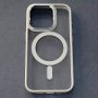 калъф за iPhone 15 Pro прозрачен твърд с сива силиконова рамка MagSafe