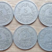 Лот 6 броя по 5 франка  ФРАНЦИЯ 1945,46,47,48,49 И 1950 Г. л2, снимка 1 - Нумизматика и бонистика - 33687223