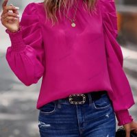 Дамска едноцветна блуза с дълъг ръкав с фалшиво деколте и маншет, 2цвята - 023, снимка 6 - Блузи с дълъг ръкав и пуловери - 39260527