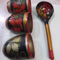 Лот от 3 бр. дървени чаши и лъжица рисувани съветски, снимка 2 - Други ценни предмети - 40823717