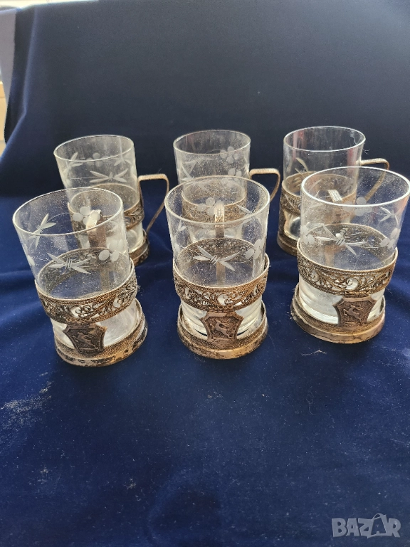 подстакани мелхиор - 2 к-та х 6 броя с оригинални чаши, мод. "Горкий" и мод. "Латы", посребрени СССР, снимка 1