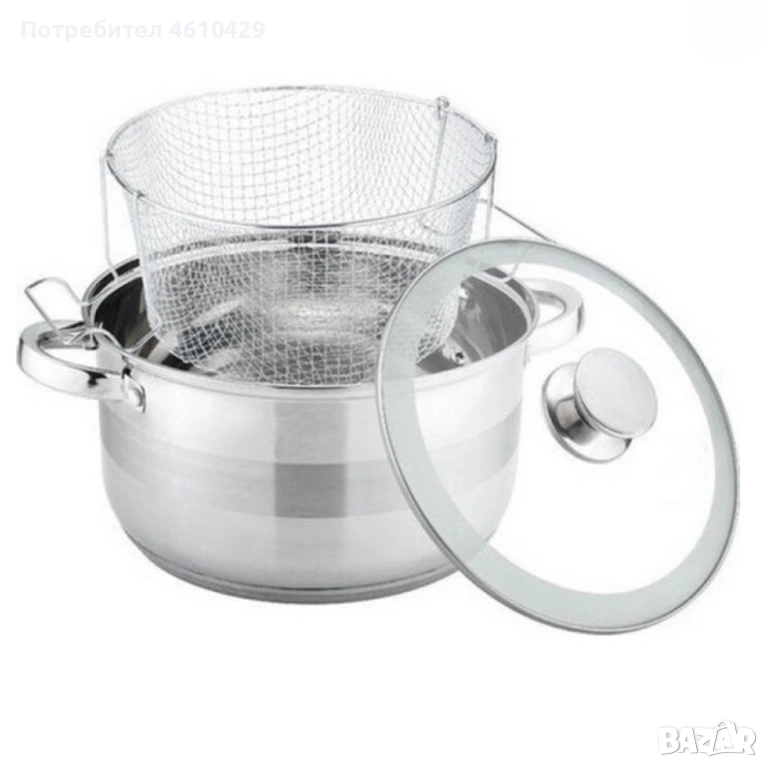 Тенджера с кошница за пържене и стъклен капак Cheffinger Ø24 см – инокс, 6,5 л, за всички котлони, снимка 1