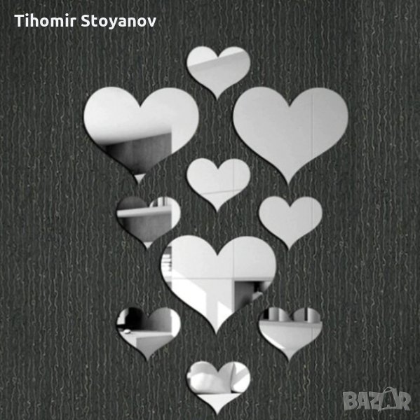 Стикери за стена Огледални Сърце 10бр. за украса декорация на стена бяна мебели, снимка 1