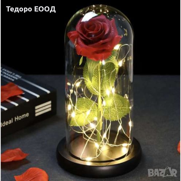 Вечна Роза в стъкло + кутия с вградени LED светлини подарък, снимка 1