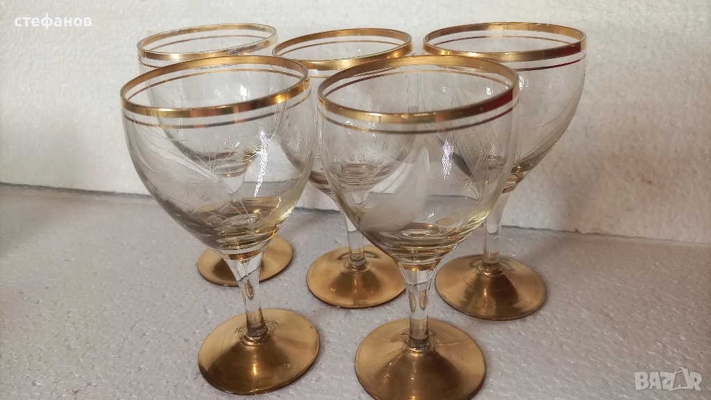 Страхотни чаши за вино или контцентрат, позлата, ръчна гравюра, столче, 5 бр, снимка 1