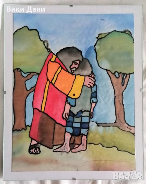 стилна рамкирана живопис в/у коприна от Израел, снимка 1