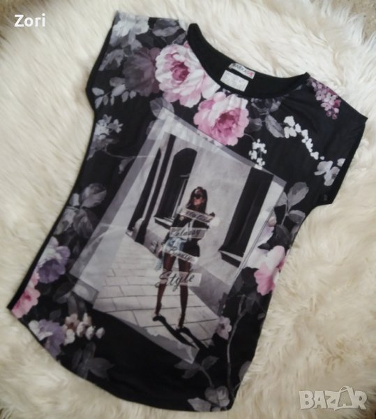 -20% Черна туника с цветна щампа и камъчета по нея, снимка 1