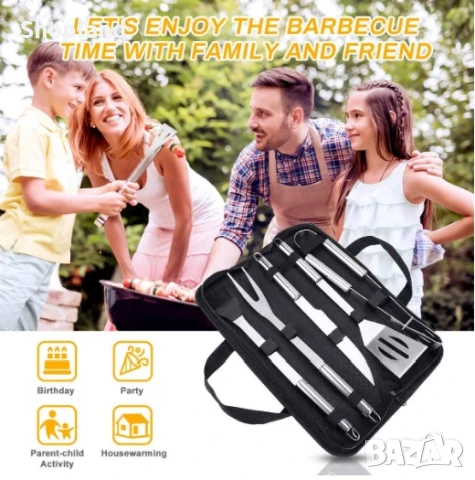 Комплект за барбекю с черна чанта, неръждаема стомана, Сребрист – 5 части, снимка 4 - Барбекюта - 51230780