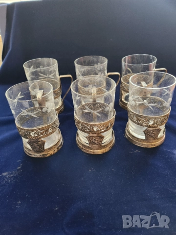 подстакани мелхиор - 2 к-та х 6 броя с оригинални чаши, мод. "Горкий" и мод. "Латы", посребрени СССР