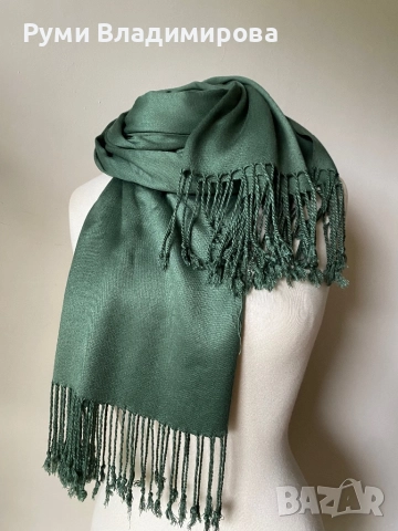 Маслиново зелен шал от кашмир, снимка 4 - Шалове - 48668989