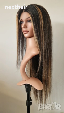 Черна естествена права перука 80 см с руси кичури - Lace Front 13x6, снимка 2 - Аксесоари за коса - 53136147