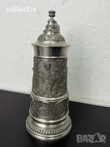 Уникална калаена халба с капак / ловни мотиви. №7460, снимка 6 - Антикварни и старинни предмети - 51988329