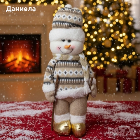 Коледна играчка Снежен човек с плетен костюм и златни ботушки, снимка 2 - Декорация за дома - 52119460