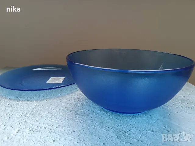 Ретро, чисто нови купа и чиния за сервиране от кобалтово стъкло, снимка 5 - Други ценни предмети - 48498132