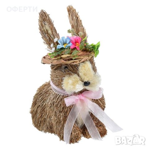 Великденско декоративно фигура на зайче с розова панделка и цвете с шапка 23 см