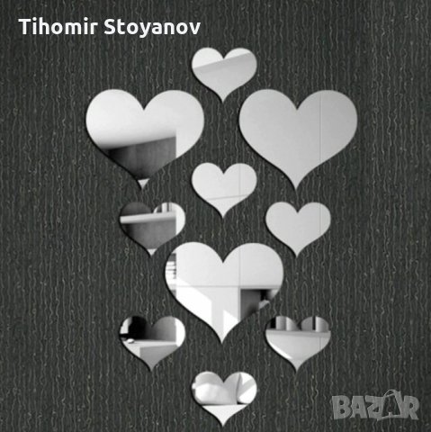 Стикери за стена Огледални Сърце 10бр. за украса декорация на стена бяна мебели, снимка 1