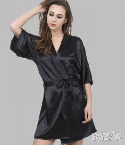 Н&М- М-Черен сатенен къс халат тип кимоно , снимка 1 - Бельо - 38166375