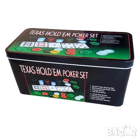 Premium Poker Texas Hold'EM комплект, с 200 чипа, игрална дъска и метална кутия за транспорт, снимка 3 - Настолни игри - 42978984