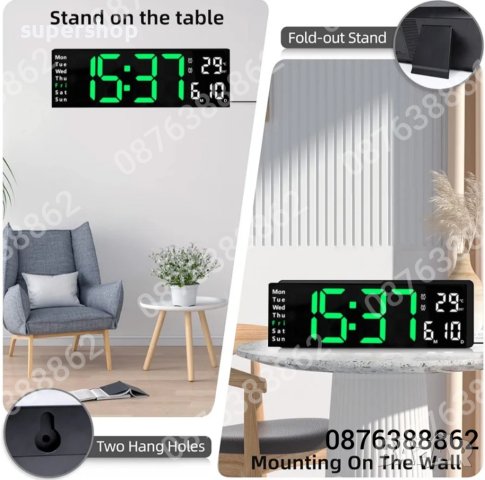 Електронен часовник с голям лед дисплей и дистанционно, снимка 4 - Стенни часовници - 43771025